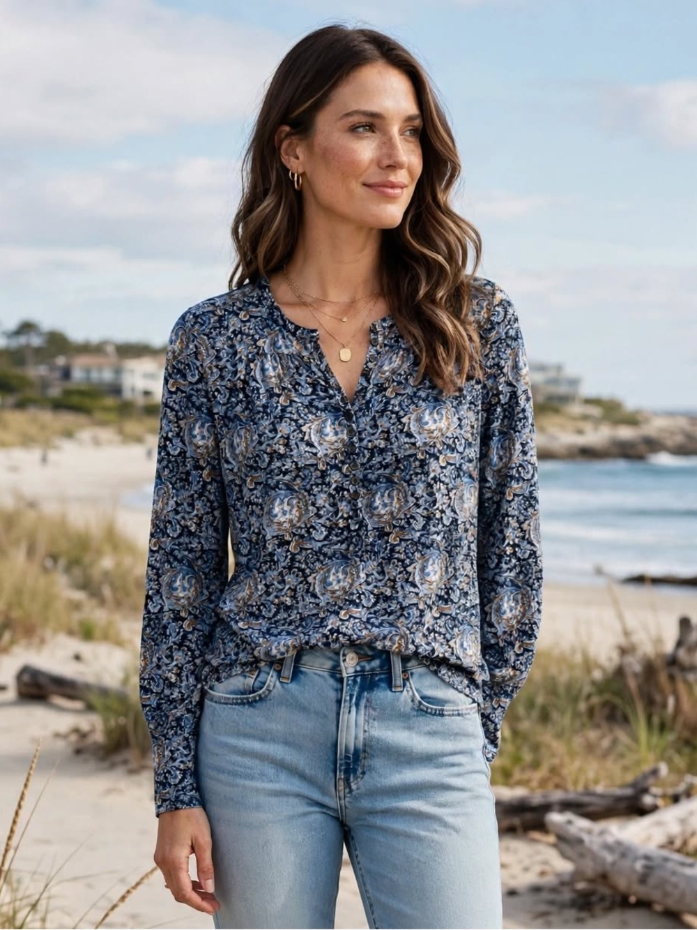 Lucky Brand Blue Paisley Boho Button Front Blouse Medium